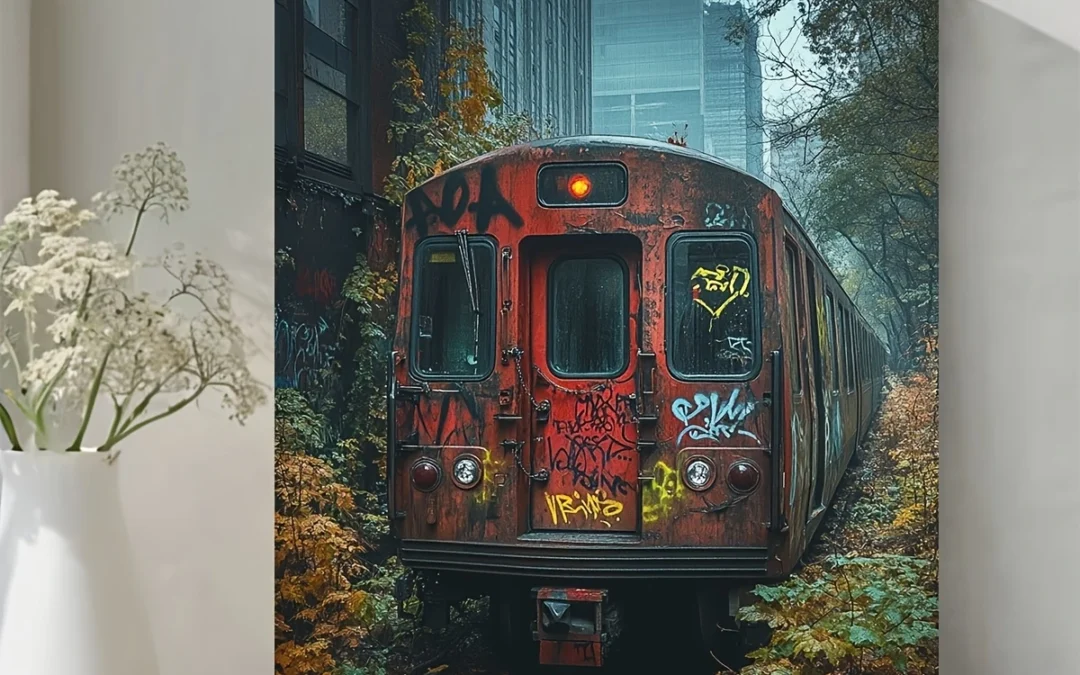 Urban Subway Car with Yellow Light Graffiti, Wall Art Canvas Framed 40×60