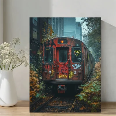 Urban Subway Car with Yellow Light Graffiti, Wall Art Canvas Framed 40x60