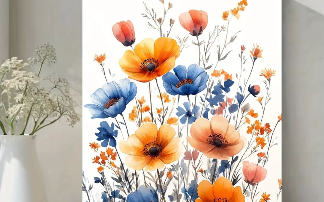 Vibrant Orange, Blue, and Pink Poppies Wall Art Canvas Framed 40×60