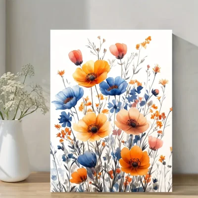 Vibrant Orange, Blue, and Pink Poppies Wall Art Canvas Framed 40x60