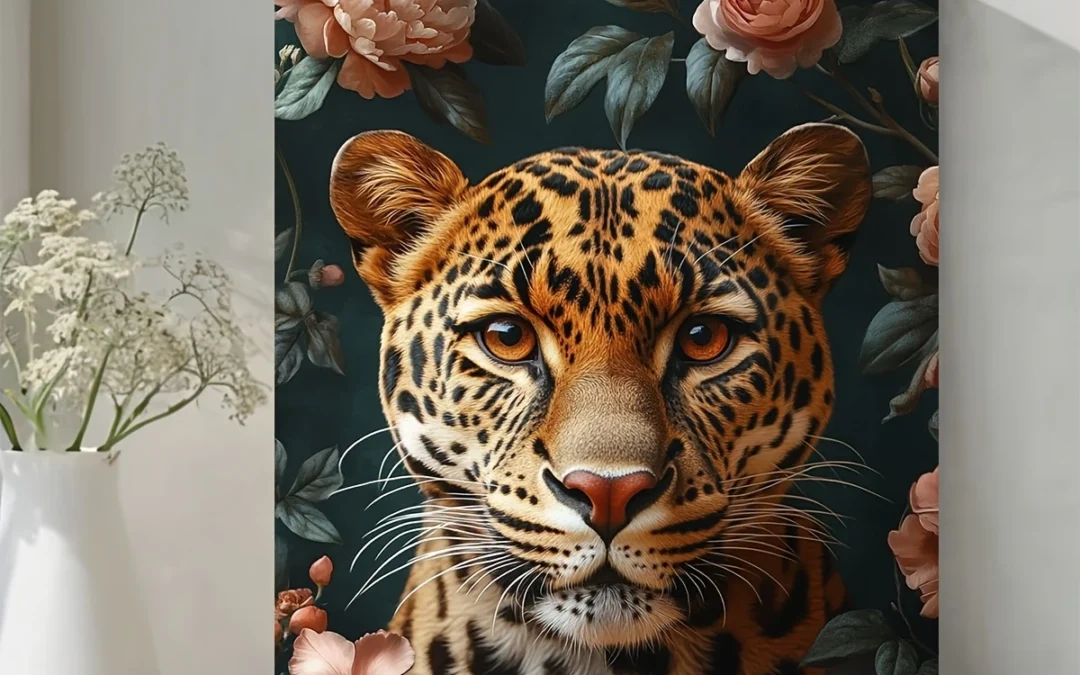 Regal Leopard Portrait with Dark Floral Background Wall Art Canvas Framed 40×60