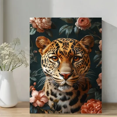 Regal Leopard Portrait with Dark Floral Background Wall Art Canvas Framed 40x60