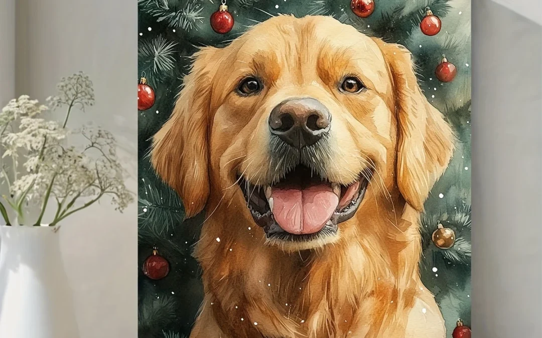 Golden Retriever Christmas Tree Wall Art Canvas Framed 40×60