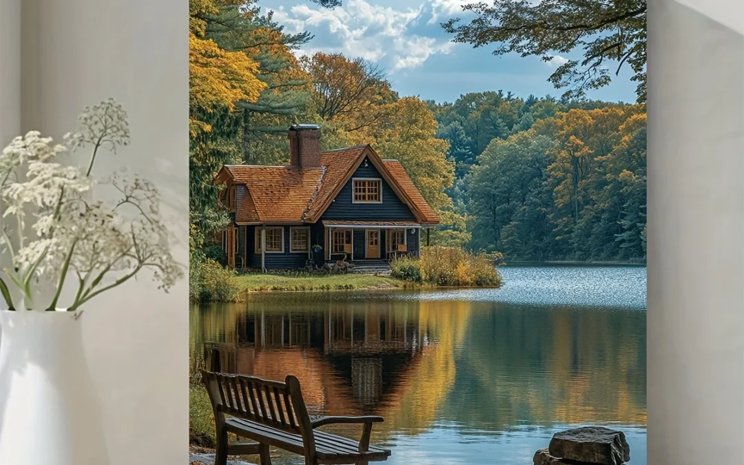 Serene Lakeside Cottage & Autumn Foliage Wall Art Canvas Framed 40×60