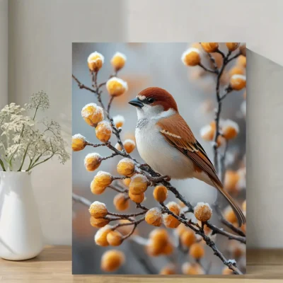 Serene Sparrow on Pine Branch Wall Art Canvas Framed 40x60