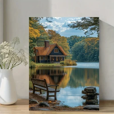 Serene Lakeside Cottage & Autumn Foliage Wall Art Canvas Framed 40x60