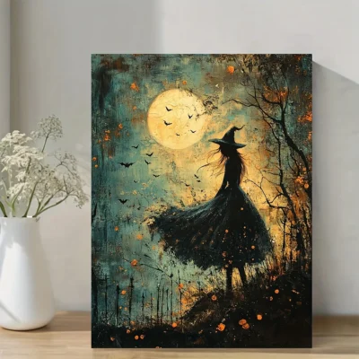 Young Witch in Moonlight Cemetery Oil Painting Wall Art Canvas Framed 40x60