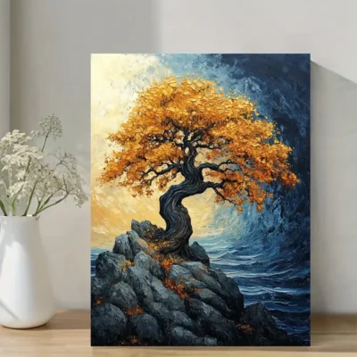 Vibrant Orange Majestic Oak Tree Landscape Wall Art Canvas Framed 40x60