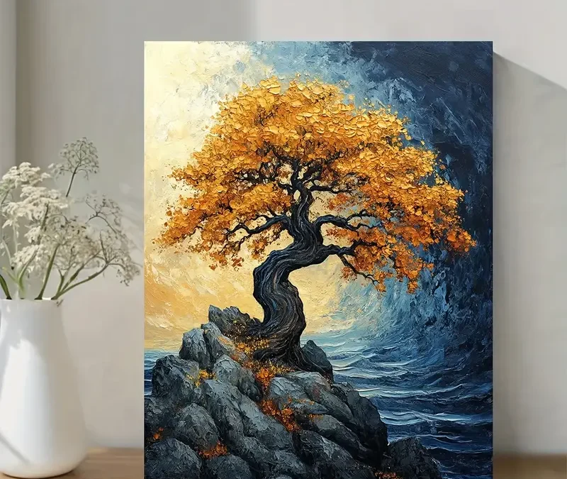 Vibrant Orange Majestic Oak Tree Landscape Wall Art Canvas Framed 40×60