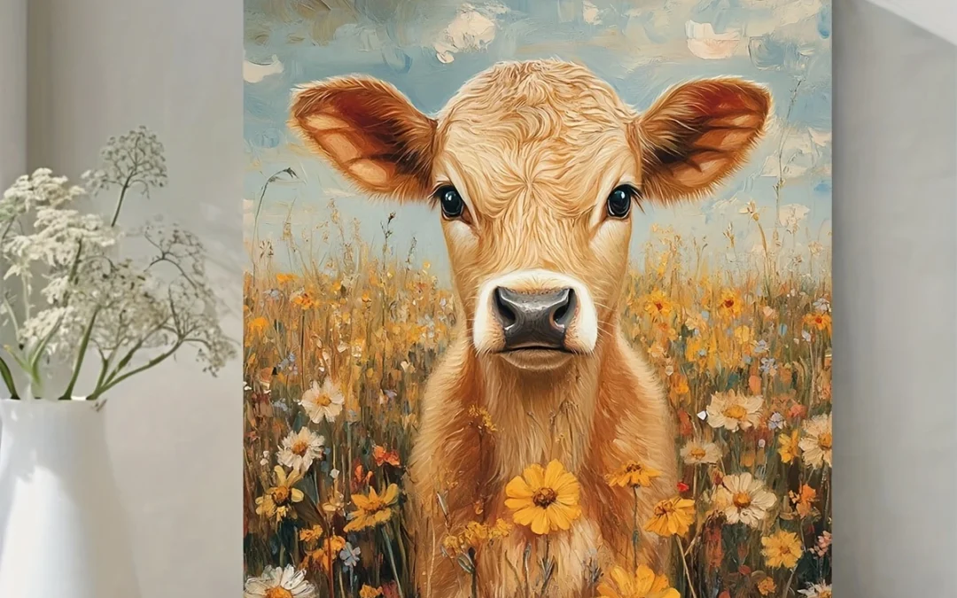 Curious Calf in Wildflower Field  Wall Art Canvas Framed 40×60
