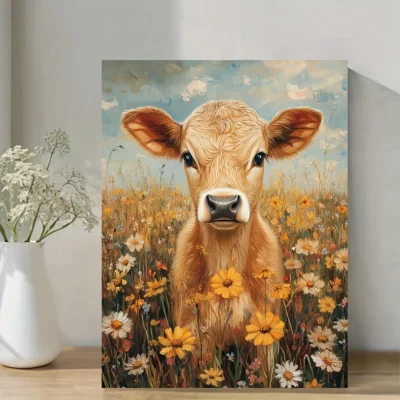 Curious Calf in Wildflower Field  Wall Art Canvas Framed 40x60