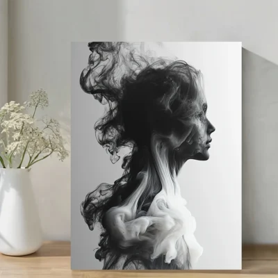 Smoke Abstract  Black and White Contemporary Modern Wall Art Canvas Framed 40x60