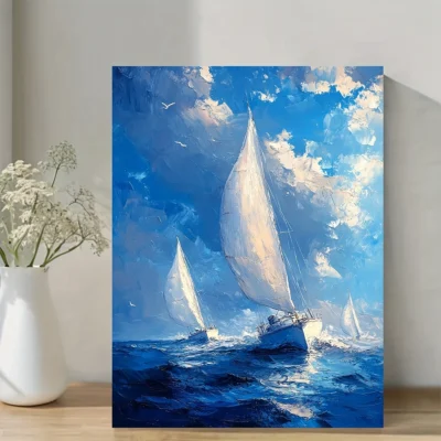 Sail Boat Sailing on the Blue Ocean Oil Painting Wall Art Canvas Framed 40x60
