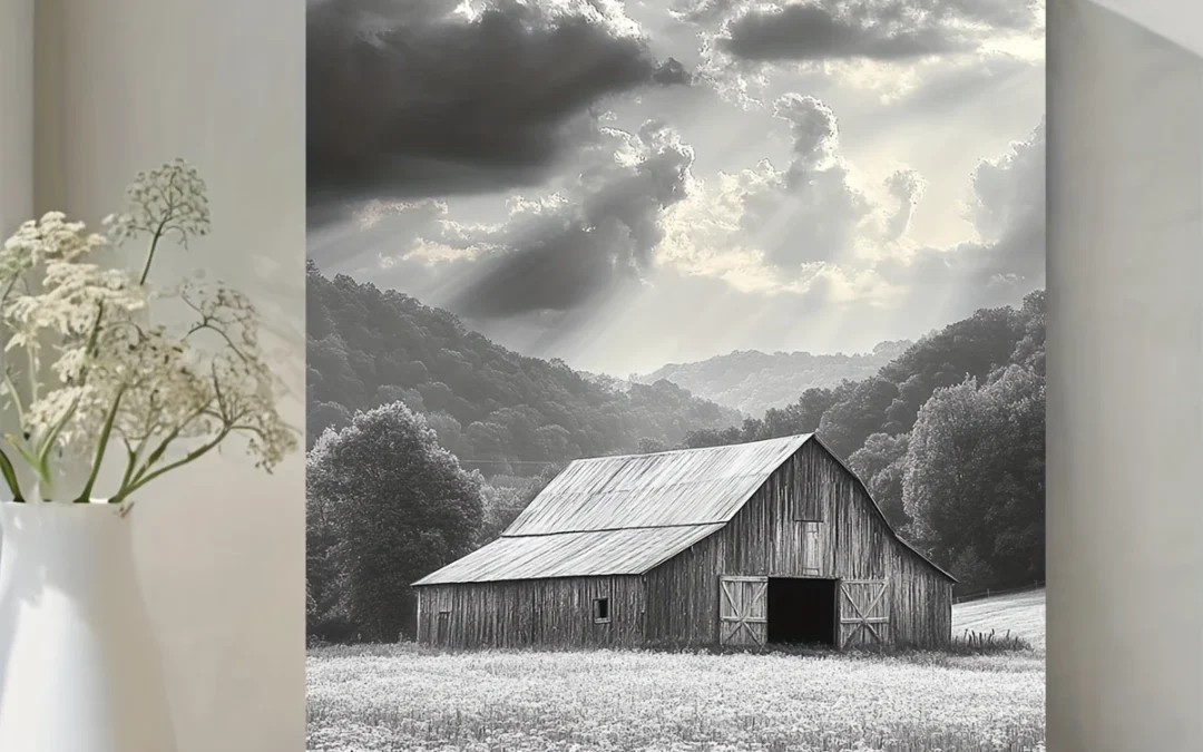 Rustic Farmhouse Black and White Barn Landscape Wall Art Canvas Framed 40×60