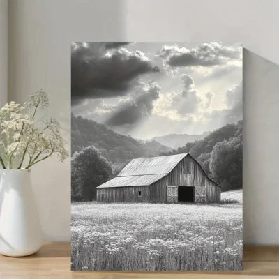 Rustic Farmhouse Black and White Barn Landscape Wall Art Canvas Framed 40x60