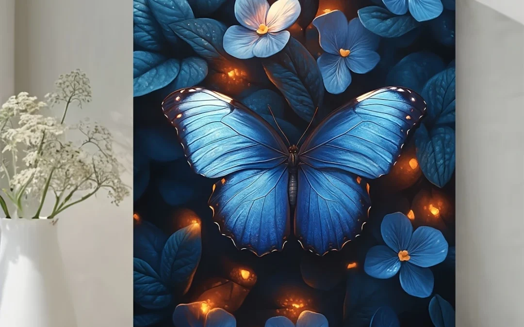 Magical Blue Butterflies & Dark Forest Wall Art Canvas Framed 40×60