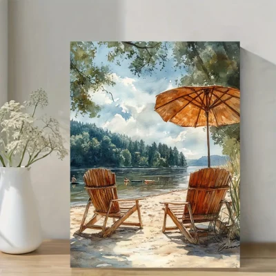 Serene Beach & Lake Scene  Wall Art Canvas Framed 40x60