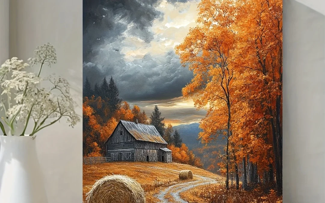 Autumn Farmhouse Country Landscape Wall Art Canvas Framed 40×60