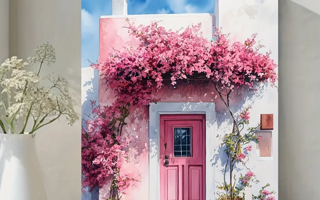 Traditional Greek Pink Door Wall Art Canvas Framed 40×60