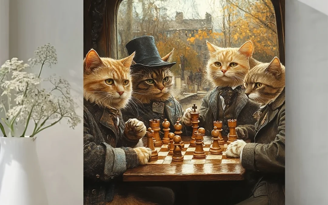 Vintage Cats Playing Chess Wall Art Canvas Framed 40×60