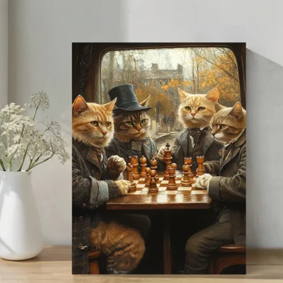 Vintage Cats Playing Chess Wall Art Canvas Framed 40x60