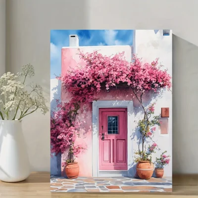 Traditional Greek Pink Door Wall Art Canvas Framed 40x60
