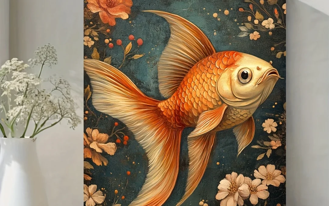 Whimsical Goldfish Painting with Floral & Berry Motifs Wall Art Canvas Framed 40×60