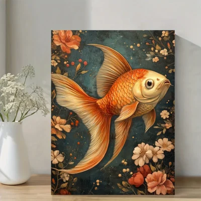 Whimsical Goldfish Painting with Floral & Berry Motifs Wall Art Canvas Framed 40x60