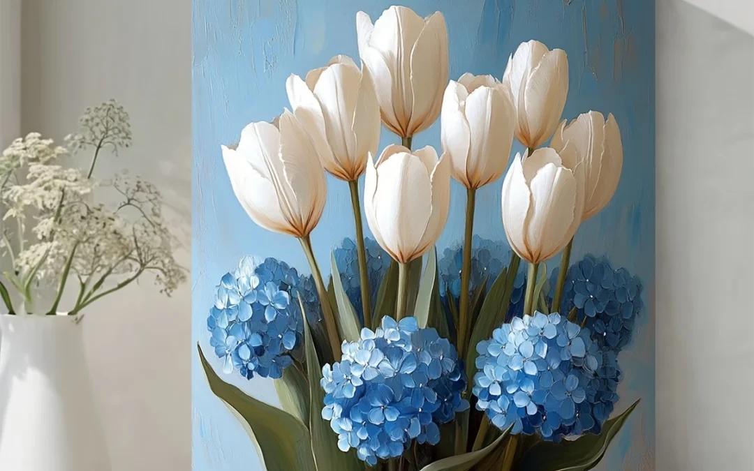 Elegant White Tulips & Blue Hydrangeas Panoramic Floral PaintingWall Art Canvas Framed 40×60