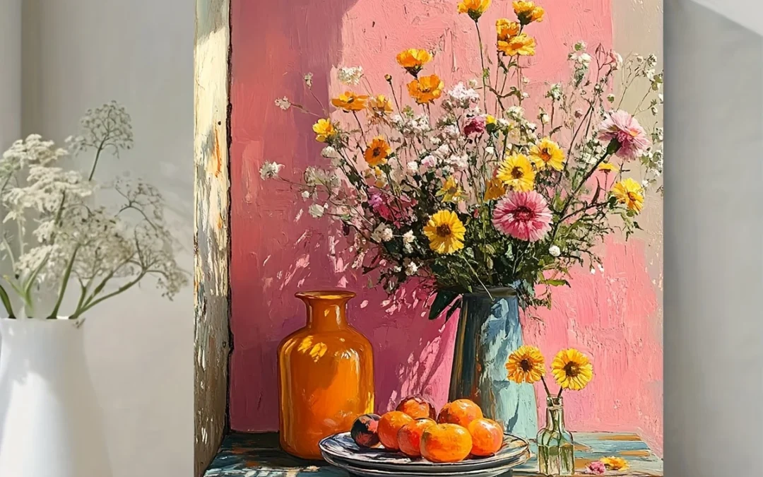 Vibrant Table Setting with Sunflowers, Peaches, and Teapot Wall Art Canvas Framed 40×60