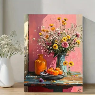 Vibrant Table Setting with Sunflowers, Peaches, and Teapot Wall Art Canvas Framed 40x60