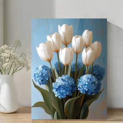 Elegant White Tulips & Blue Hydrangeas Panoramic Floral PaintingWall Art Canvas Framed 40x60