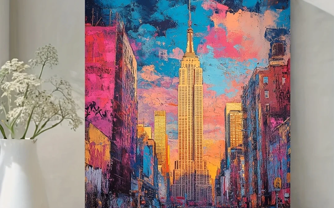 Empire State Building New York City Graffiti Abstract Modern Wall Art Canvas Framed 40×60