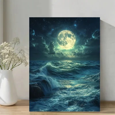 Vibrant  Emerald Moonlight Seascape Wall Art Canvas Framed 40x60