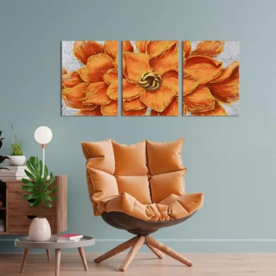 3pcs Orange and Golden Floral Giclee Wall Art Set Canvas Framed 40x60cm - High Quality Print 100% Australian Made Wall Canvas Ready to Hang