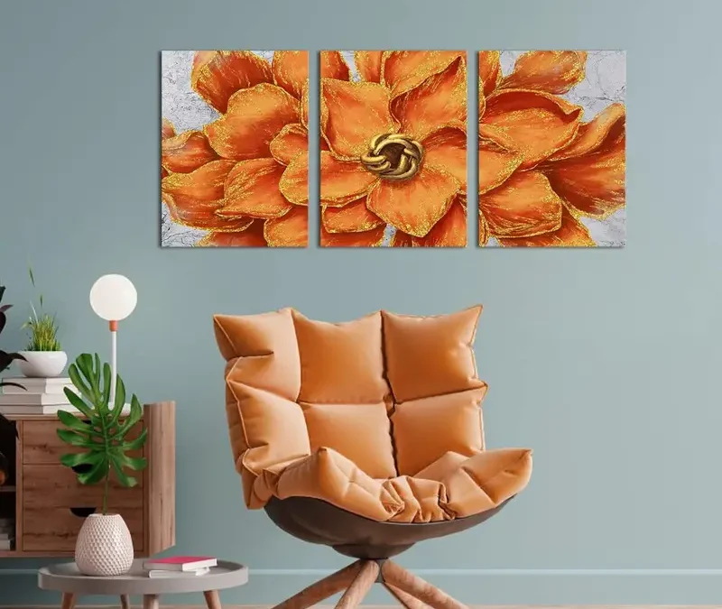 3pcs Orange and Golden Floral Giclee Wall Art Set Canvas Framed 40x60cm – High Quality Print 100% Australian Made Wall Canvas Ready to Hang