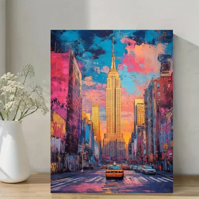 Empire State Building New York City Graffiti Abstract Modern Wall Art Canvas Framed 40x60