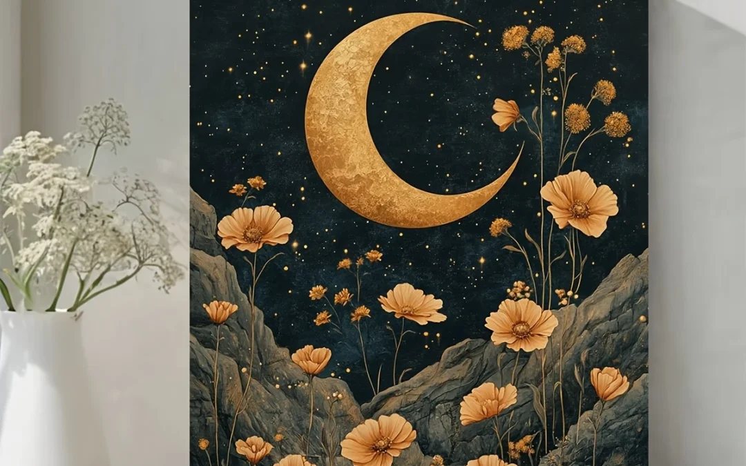 Golden Crescent Moon Wall Art Canvas Framed 40×60