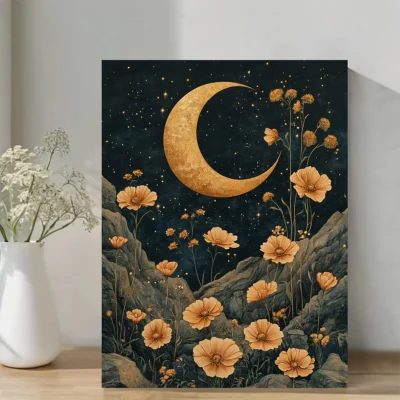 Golden Crescent Moon Wall Art Canvas Framed 40x60