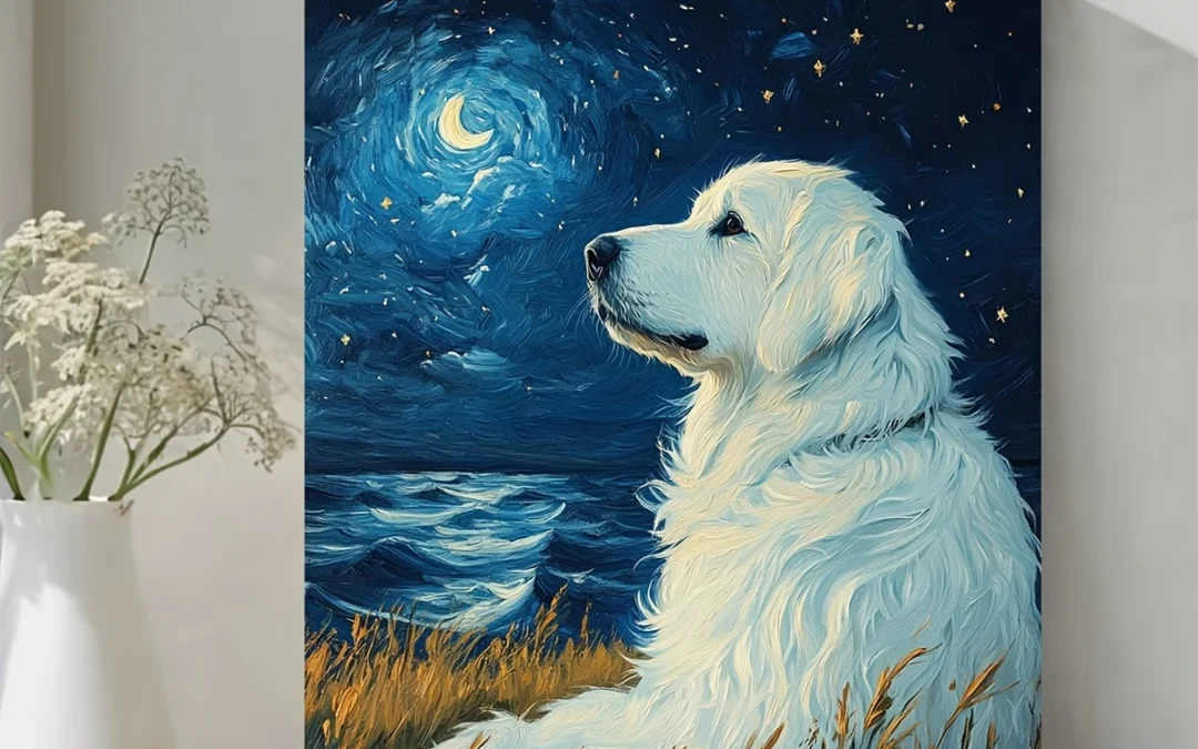 Van Gogh Starry Night Inspired Fluffy White Dog PaintingWall Art Canvas Framed 40×60  Wall Art Canvas Framed 40×60