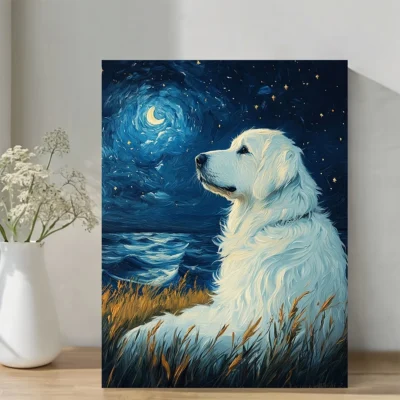 Van Gogh Starry Night Inspired Fluffy White Dog PaintingWall Art Canvas Framed 40x60  Wall Art Canvas Framed 40x60