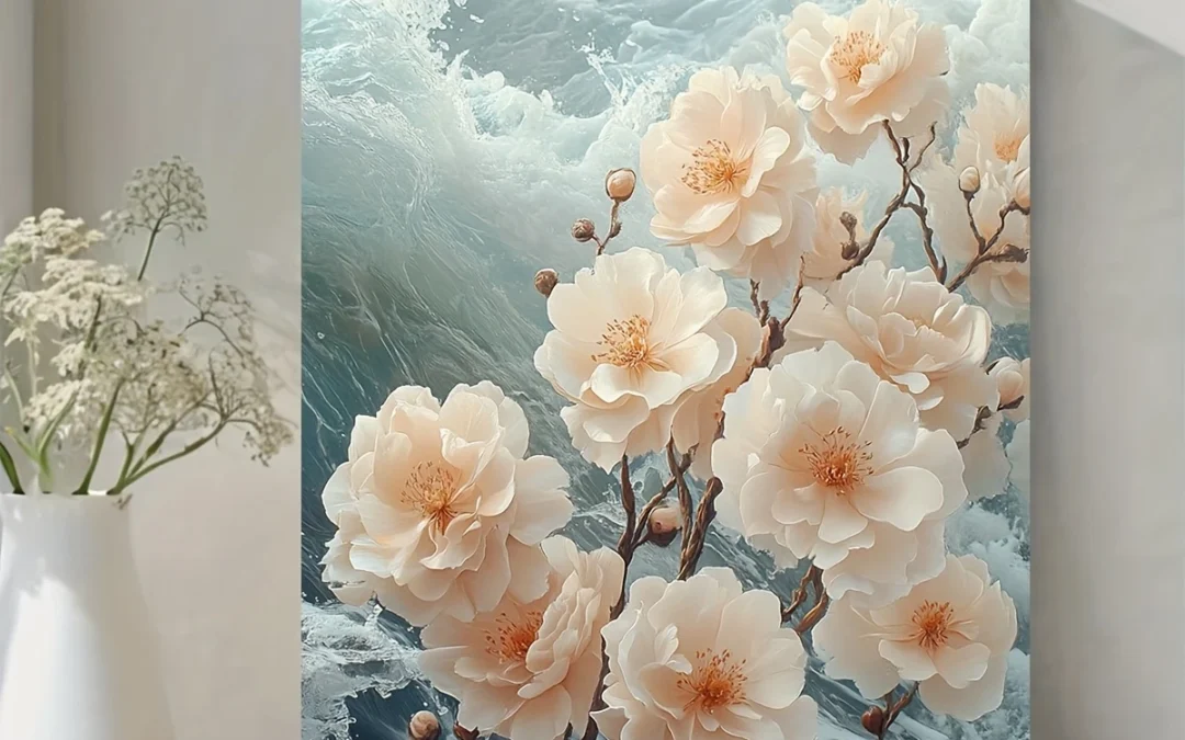 Seaside Blossom White Floral & Ocean Waves Wall Art Canvas Framed 40×60