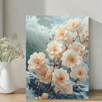Seaside Blossom White Floral & Ocean Waves Wall Art Canvas Framed 40x60