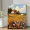 Bright Cottage in Meadow Wall Art Canvas Framed 40x60