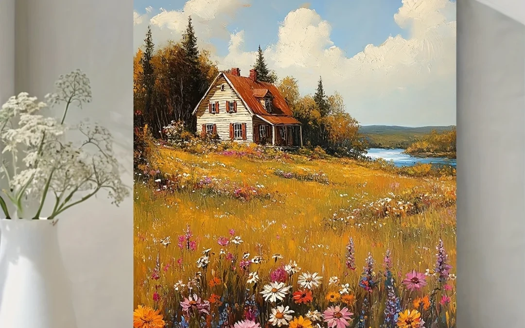 Bright Cottage in Meadow Wall Art Canvas Framed 40×60
