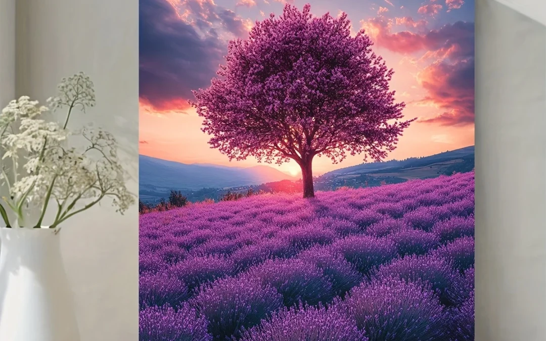 Majestic Lavender Tree in Flower Field Wall Art Canvas Framed 40×60