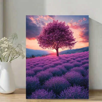 Majestic Lavender Tree in Flower Field Wall Art Canvas Framed 40x60