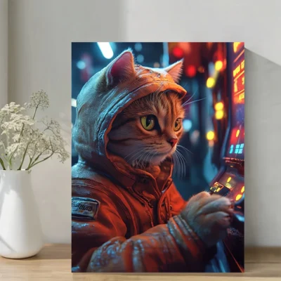 Retro Arcade Cat Gaming Wall Art Canvas Framed 40x60