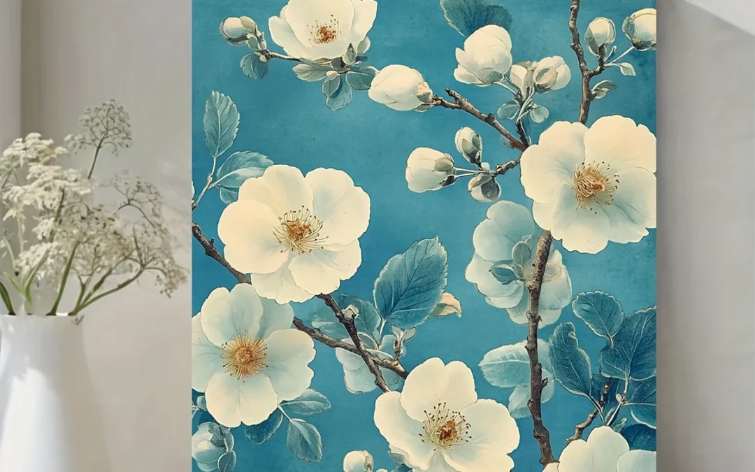 Blue and Green Floral Pattern Vintage Japanese Woodblock Wall Art Canvas Framed 40×60