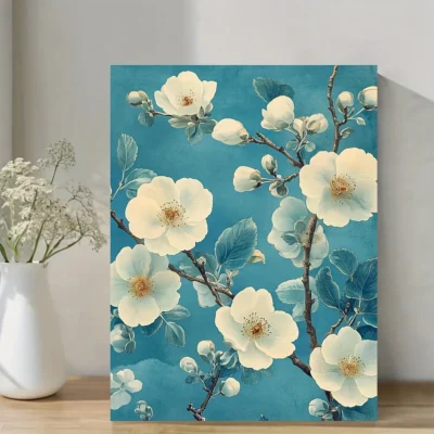 Blue and Green Floral Pattern Vintage Japanese Woodblock Wall Art Canvas Framed 40x60
